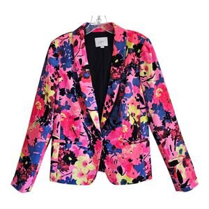 LOFT Women's Tall M MT Blazer Jacket 1 Button Artsy Floral Pink Blue Black 36"